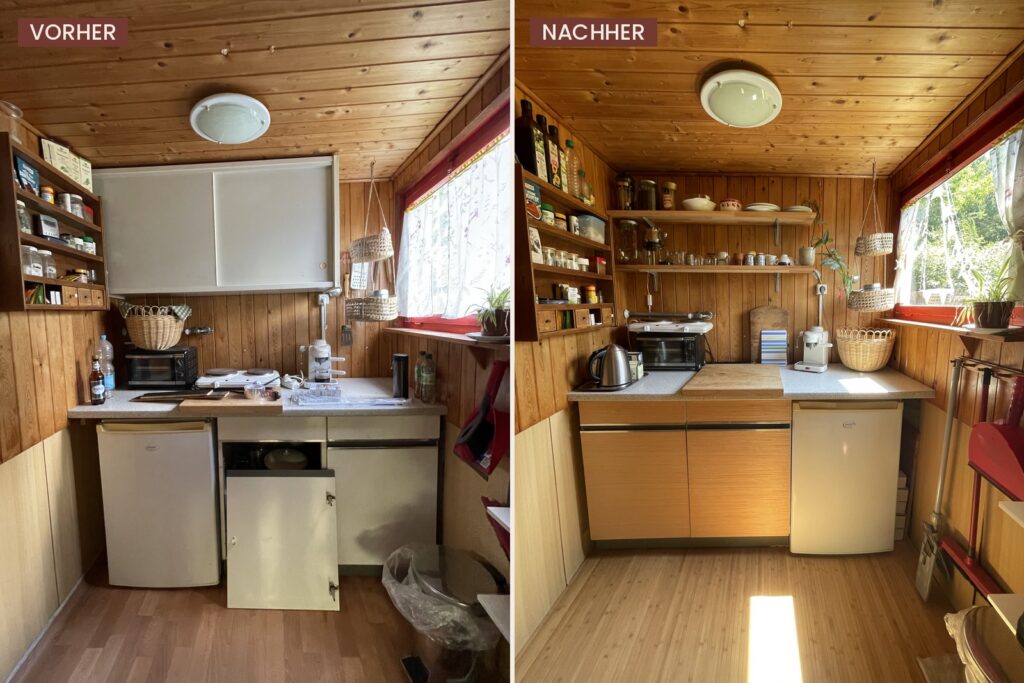 Vorher-Nachher-Vergleich der renovierten Gartenhausküche mit neuen Fronten und Bambusboden
